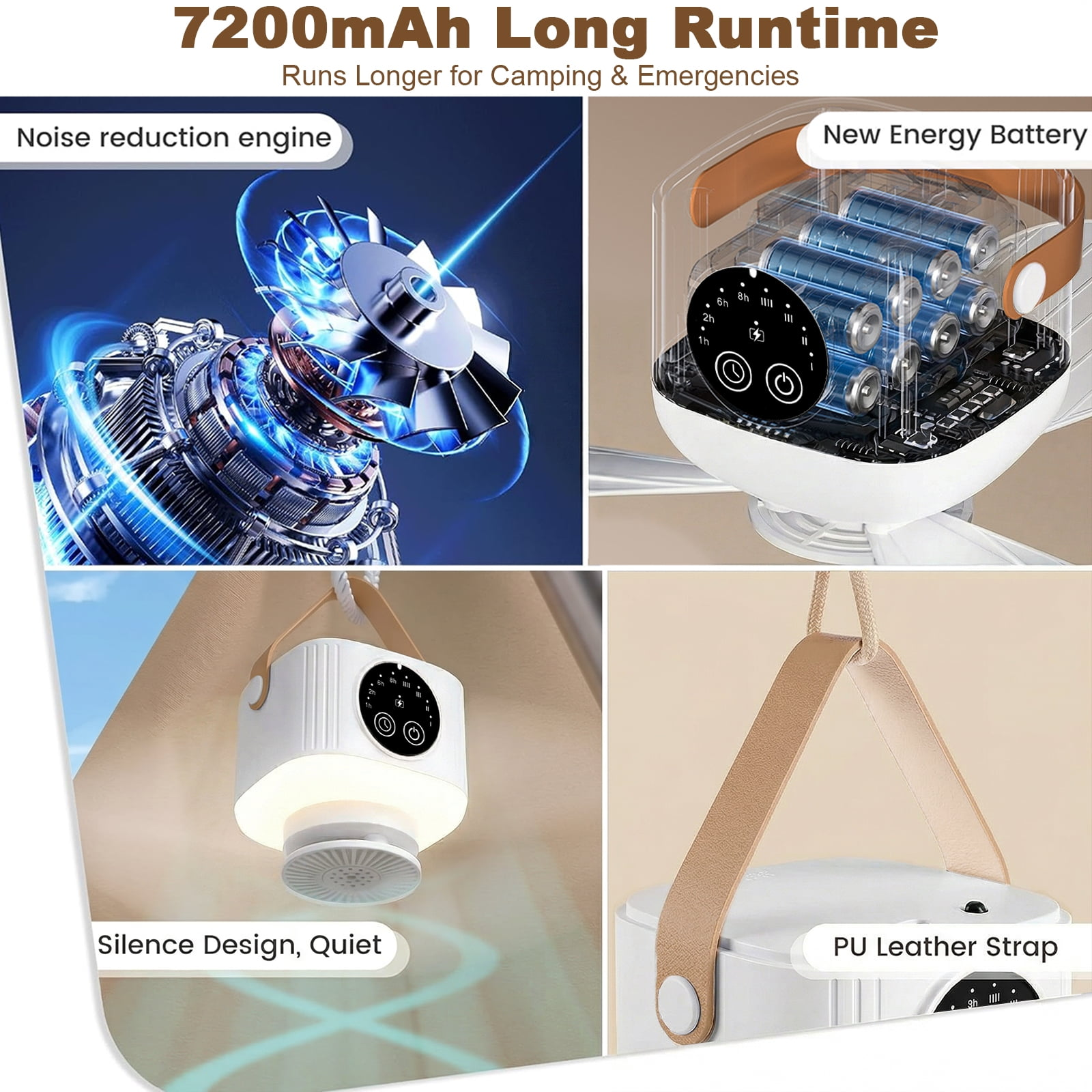 Vier Bilder zeigen einen Lüfter: Motor, Batterie, Beleuchtung und Griff.