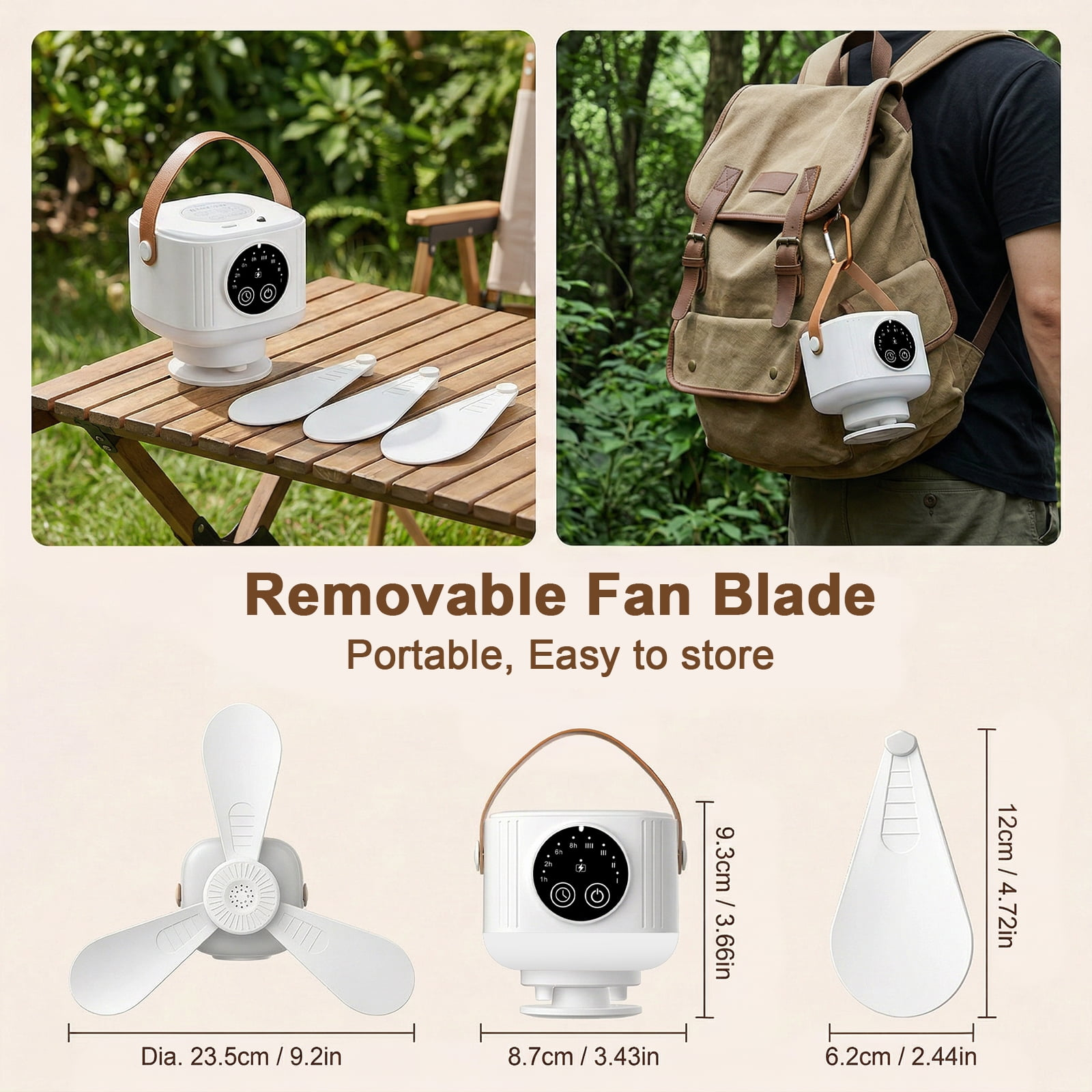 Ein weißer tragbarer Ventilator mit braunem Griff, drei Flügeln und Maßen.