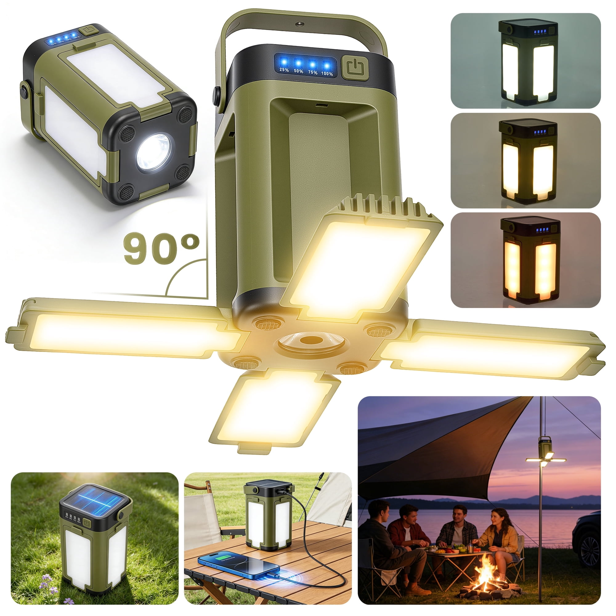 Vielseitige Campinglaterne mit mehreren Lichtmodi, Solaraufladung und USB-Ladung.