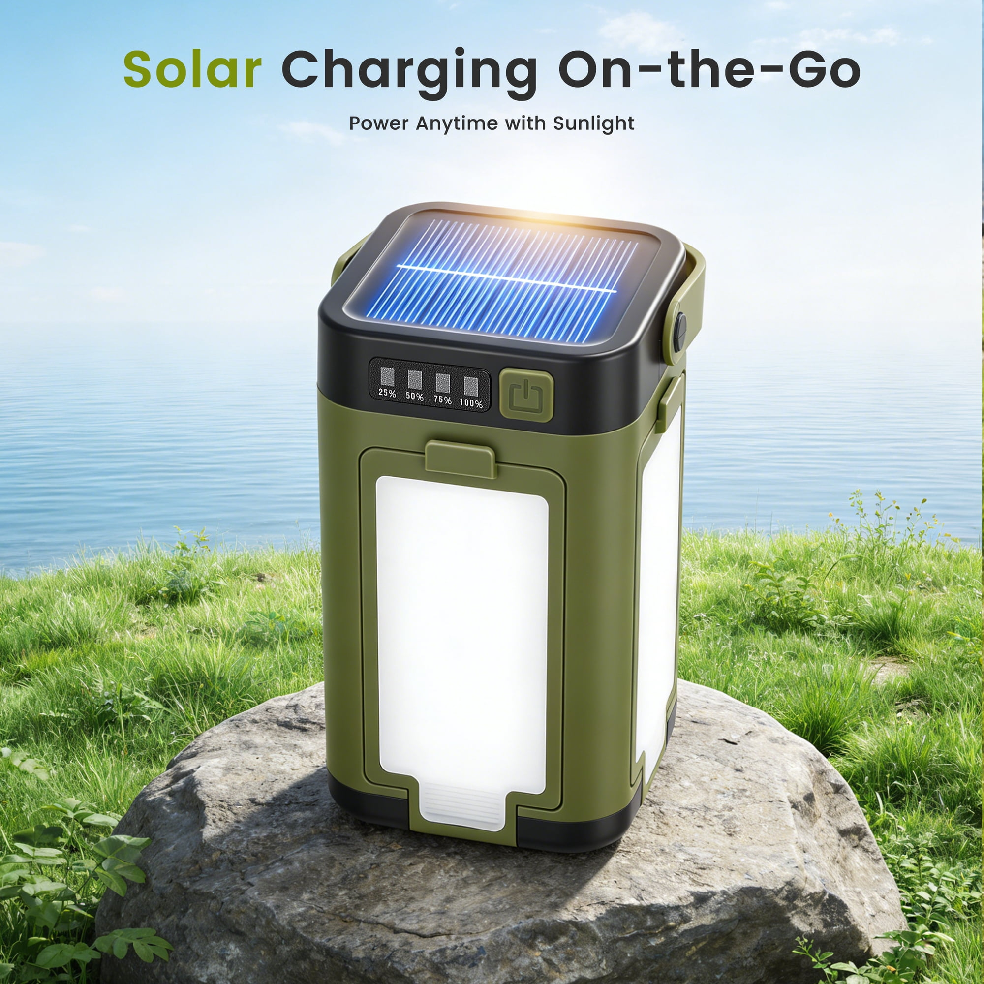 Grüne Solarlaterne auf Felsen am Wasser mit Gras. Anzeige zeigt 100%.