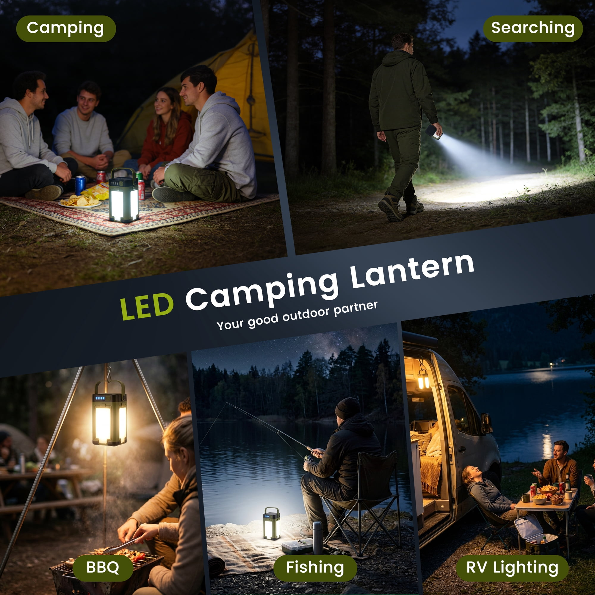 Collage zeigt Camping, Suchen, Grillen, Angeln, Wohnmobilbeleuchtung mit LED-Laterne.