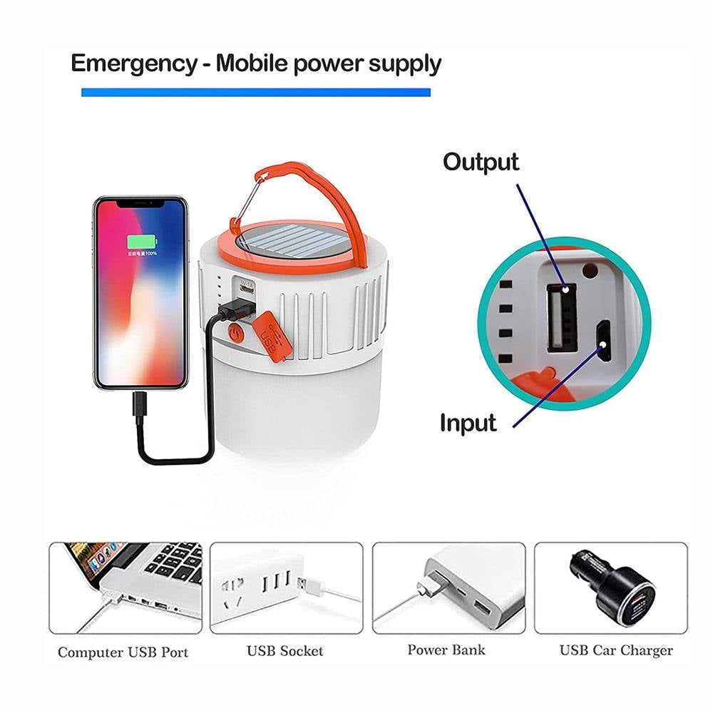 Ein Notfall-Mobilteil mit Solarpanel lädt ein Smartphone. Mehrere USB-Anschlüsse werden gezeigt.