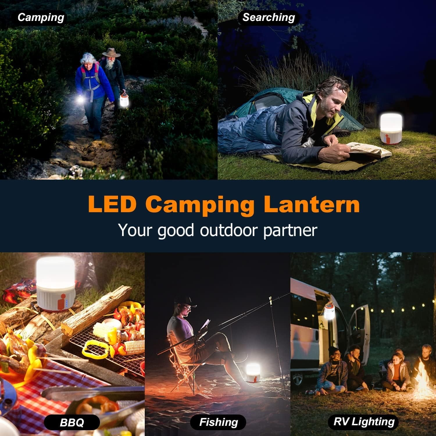 Mehrere Szenen: Wandern, Lesen im Zelt, Grillen, Angeln und Camping.