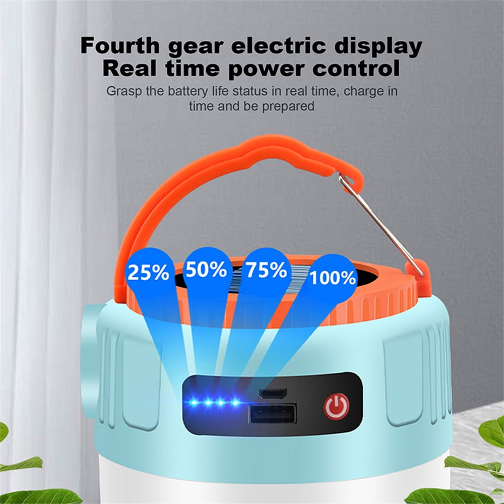 Ein tragbares Licht mit Ladeanzeige (25%, 50%, 75%, 100%) und USB-Anschlüssen.