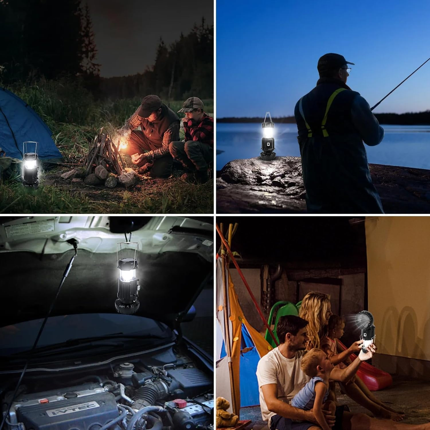 Vier Szenen: Camping, Angeln, Autoreparatur, Familie im Zelt mit Laterne.