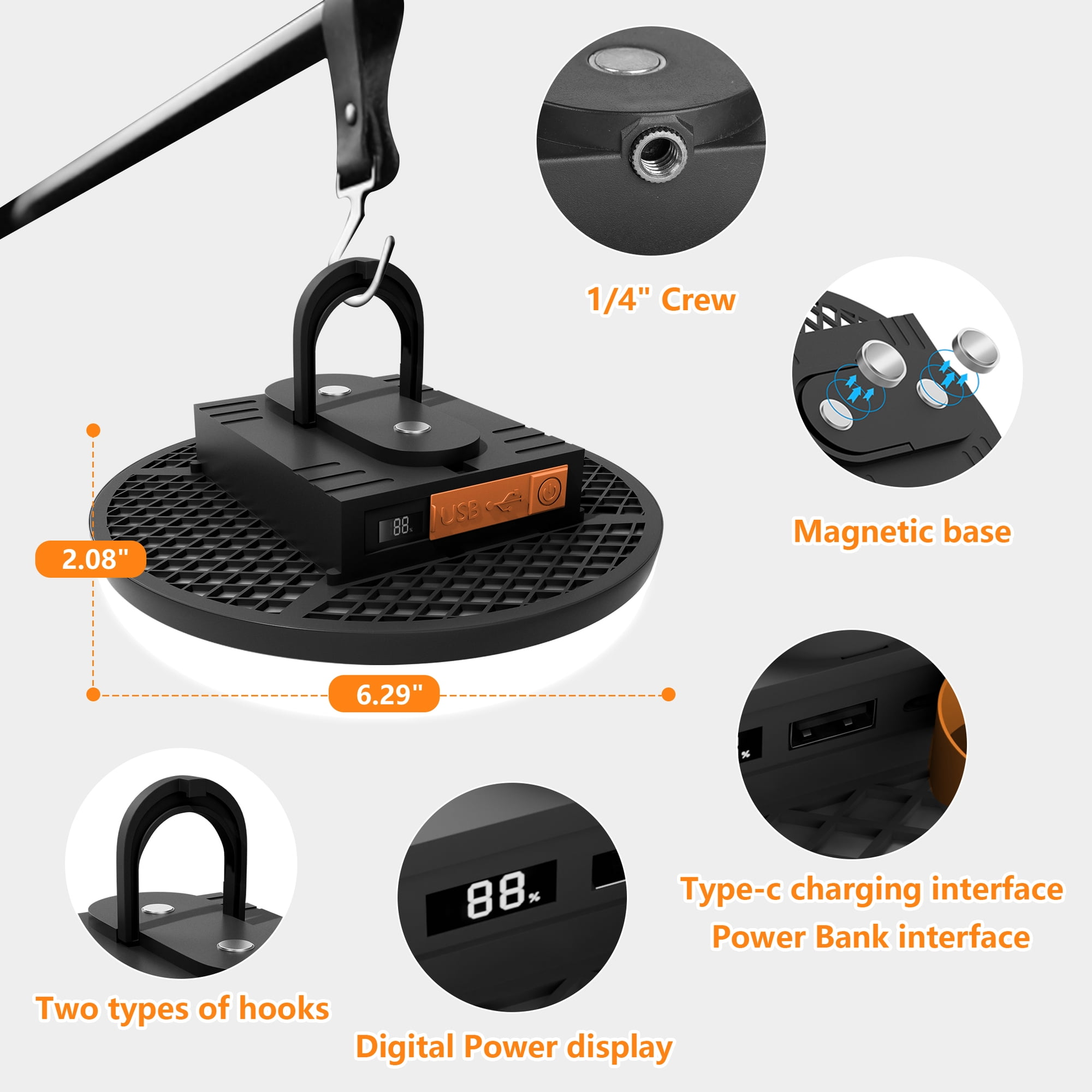 Schwarzes tragbares Licht mit Haken, Magnetfuß, USB, Typ-C-Anschlüssen und 88% Leistung.