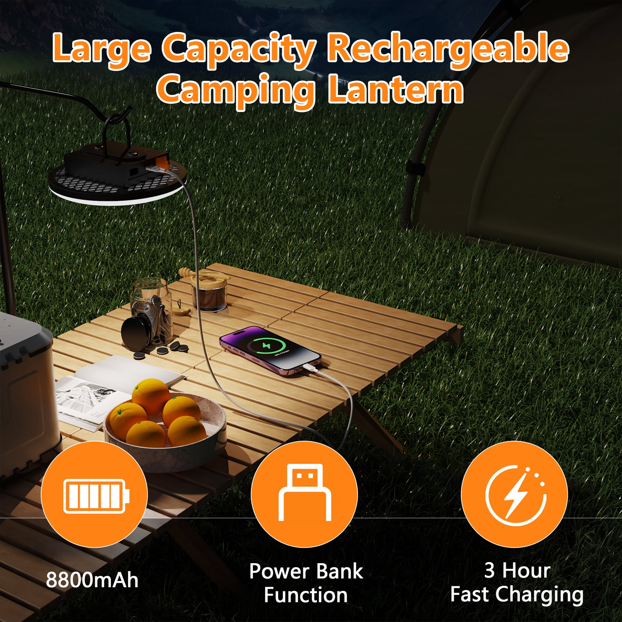 Campinglaterne mit 8800mAh, Powerbank-Funktion, 3h Schnellladung.