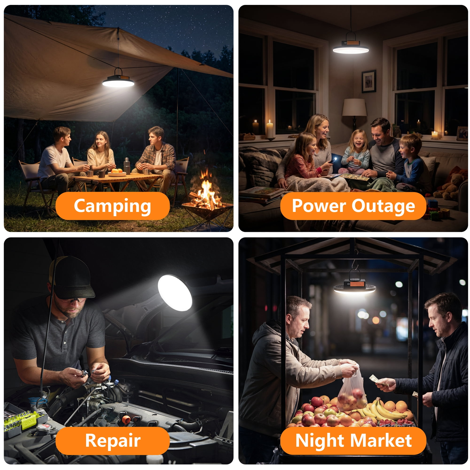 Vier Szenen: Camping, Stromausfall, Reparatur, Nachtmarkt.