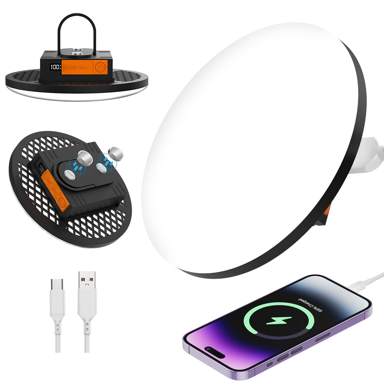 Ein tragbares Licht mit USB-Anschlüssen, Kabeln und einem aufgeladenen Smartphone.