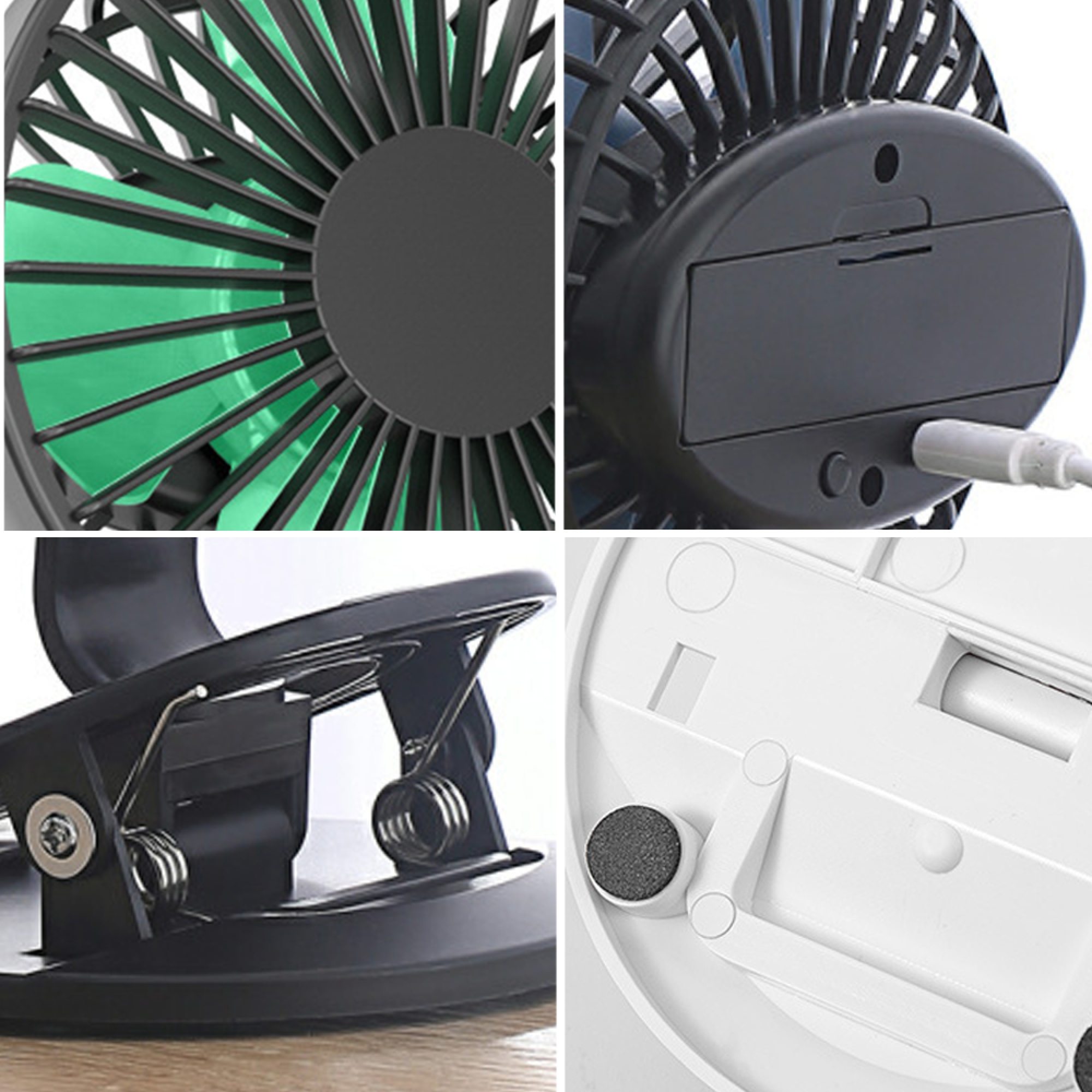 Collage aus schwarzem Ventilator mit grünen Blättern, USB-Anschluss, Clip und weißem Sockel.