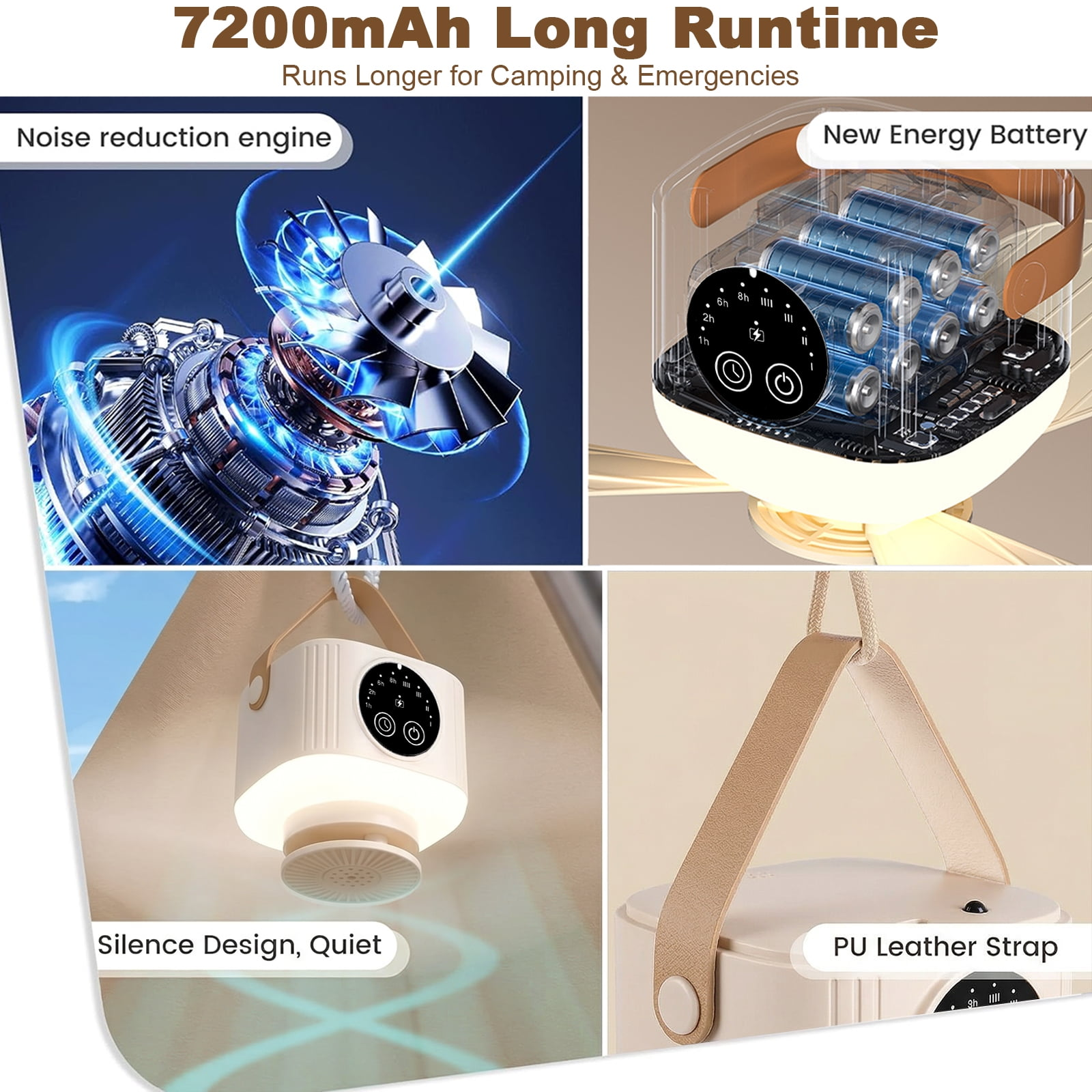 Vier Bilder zeigen: Motor, Batterien, Lampe, Riemen. 7200mAh.