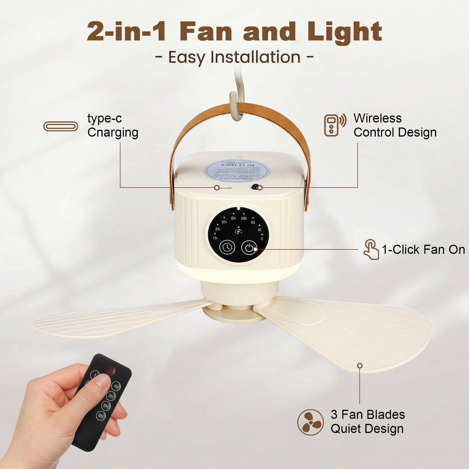 Ein beigefarbener 2-in-1-Ventilator und Licht mit Fernbedienung und Typ-C-Ladeanschluss.