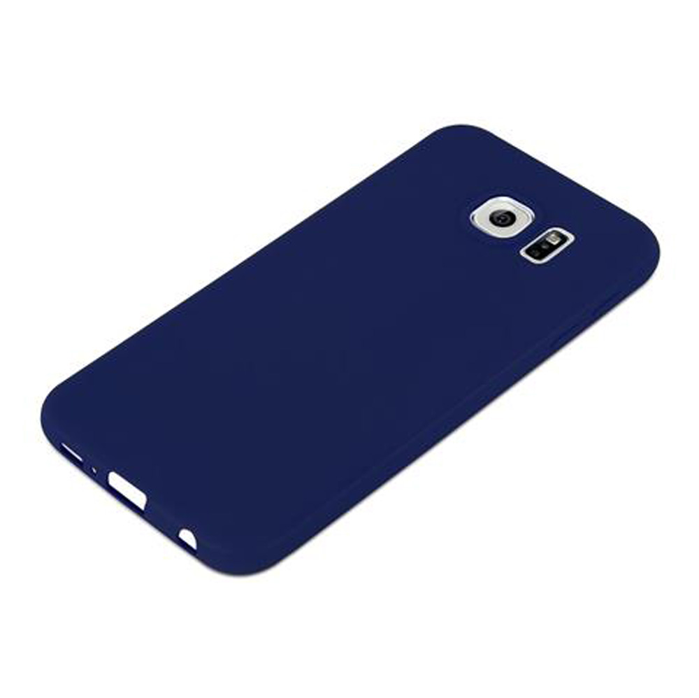Una custodia blu scuro per telefono con ritaglio fotocamera è mostrata su sfondo bianco.