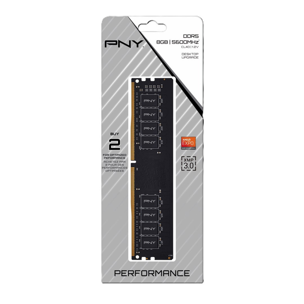 Moduł RAM PNY 8GB DDR5 5600MHz w opakowaniu z logo XMP 3.0 i AMD EXPO.
