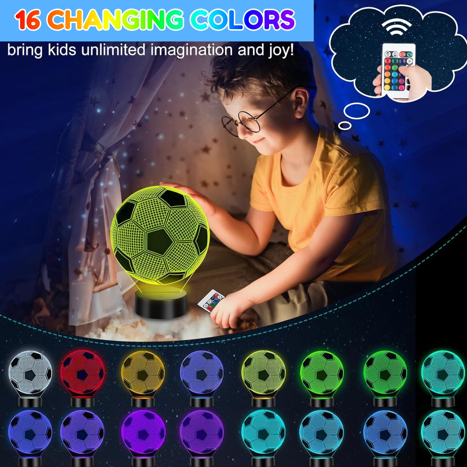 Ein Junge betrachtet eine leuchtende Fußballlampe, die in verschiedenen Farben erscheint.
