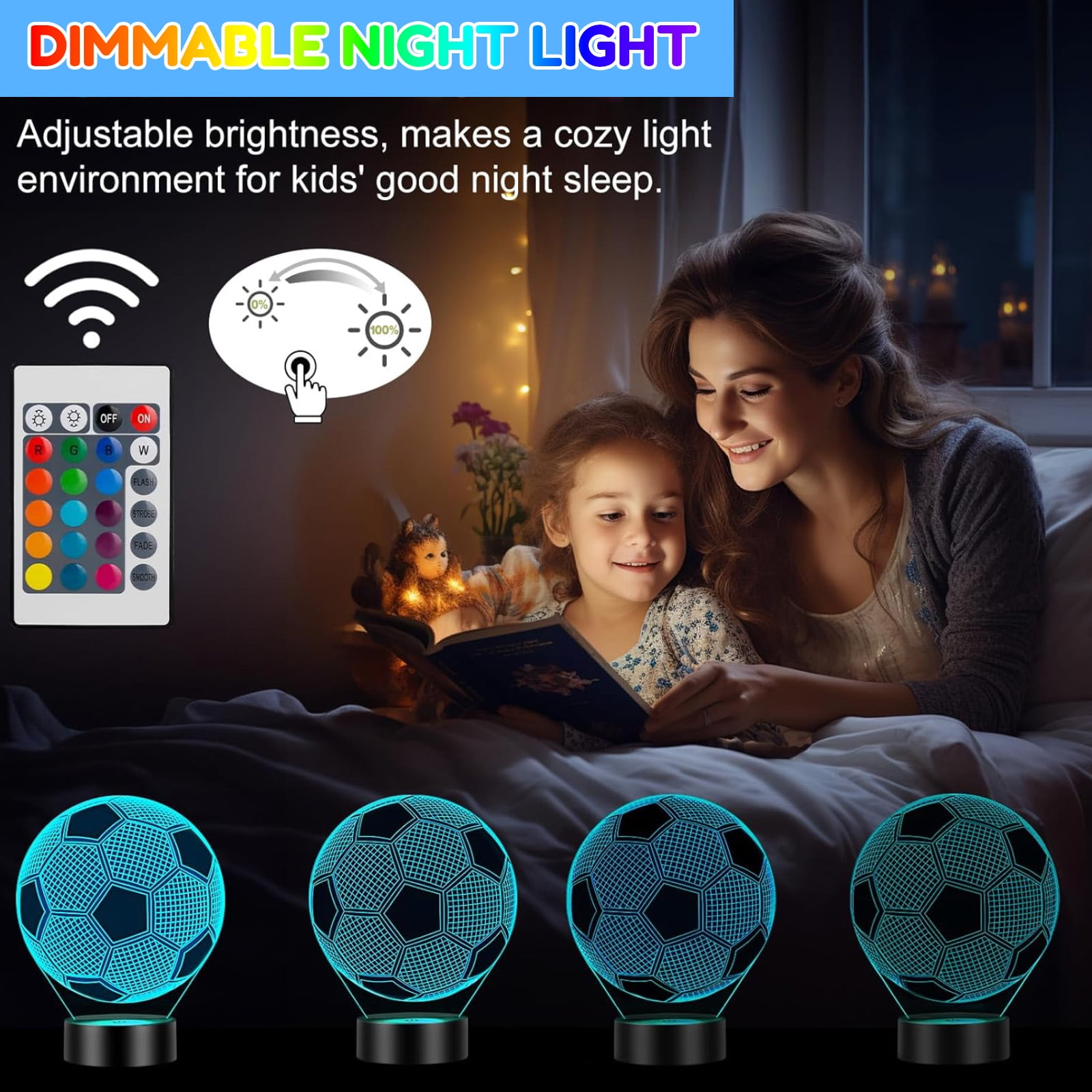 Mutter liest Kind im Bett vor, Nachttischlampe mit fußballmotiv leuchtet blau.