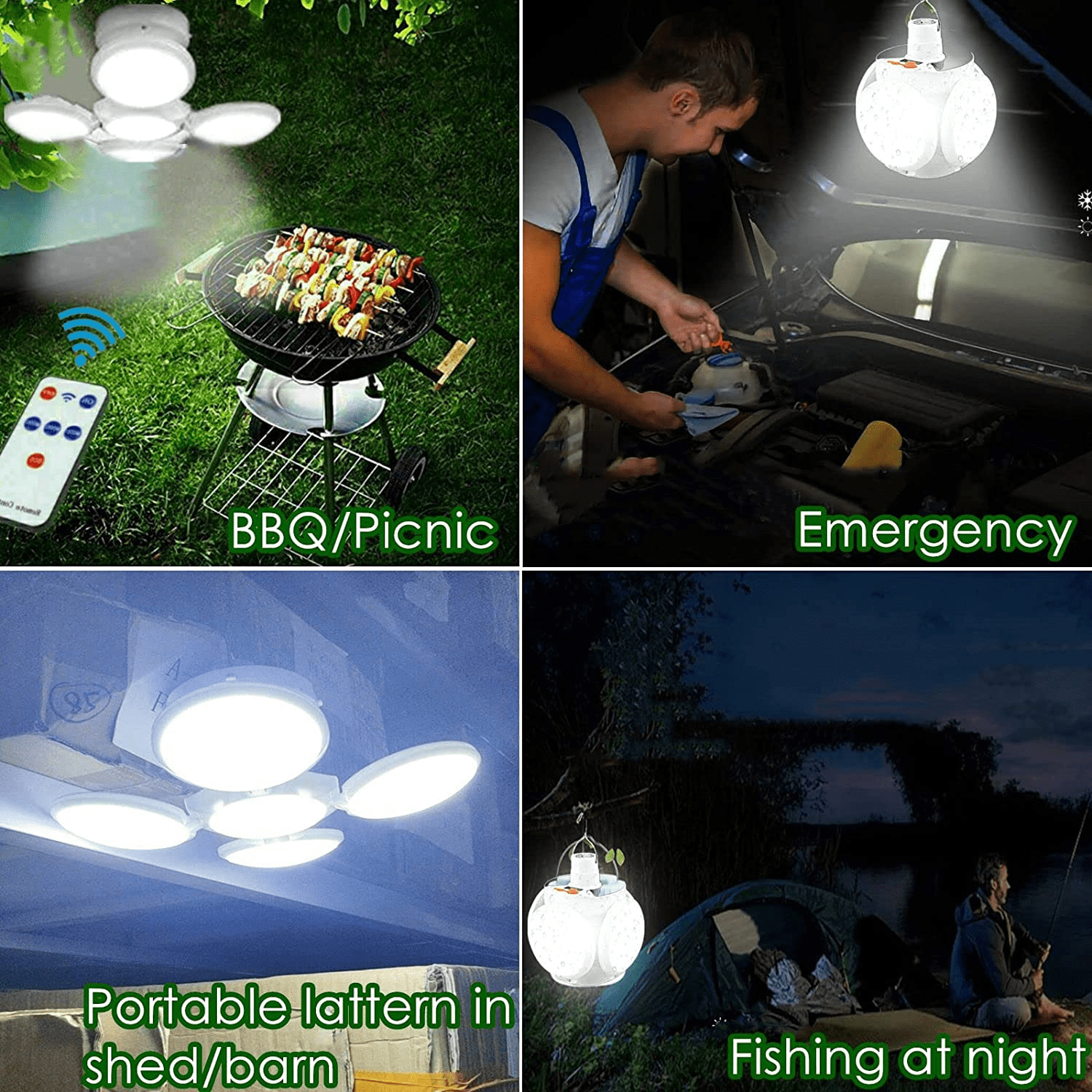 Vier Szenen: Grillen, Autoreparatur, Schuppenbeleuchtung, Nachtangeln. LED-Lampe.