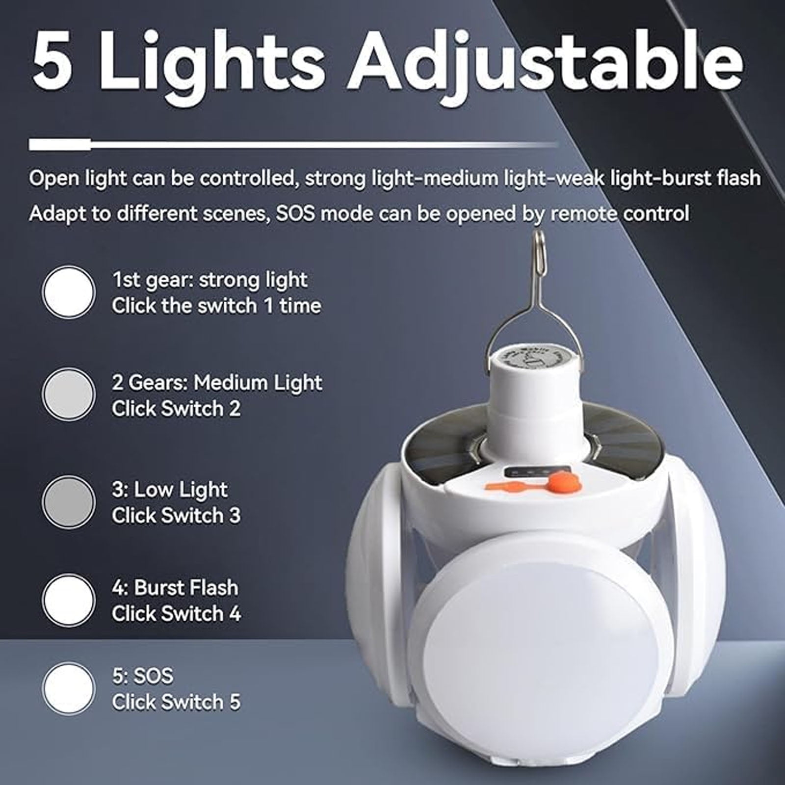 Eine weiße Campinglaterne mit 5 einstellbaren Lichtmodi, daneben eine Anleitung.