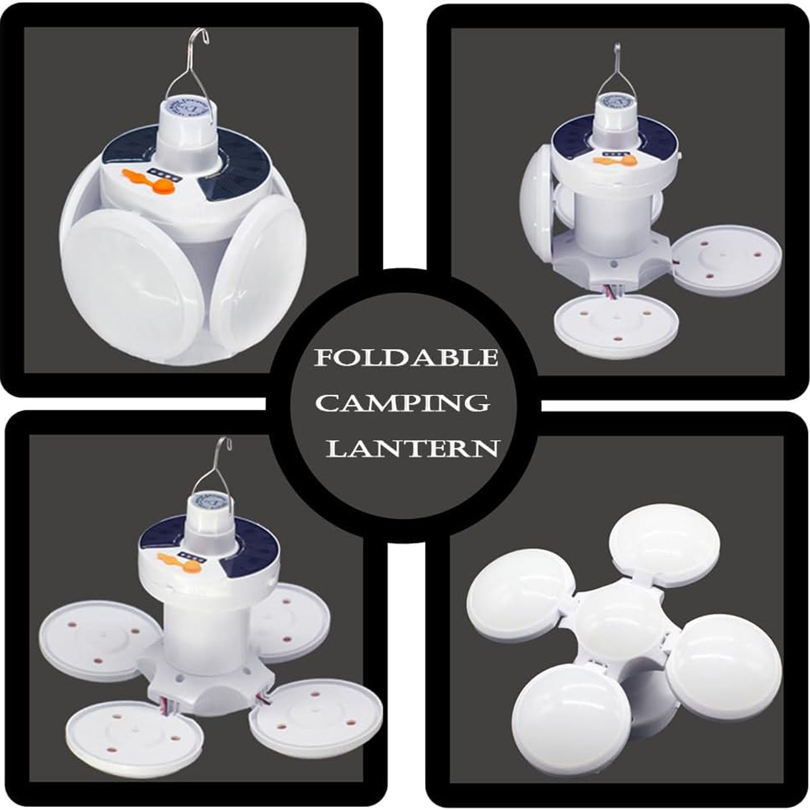 Ein weier, faltbarer Camping-Laternen-Prototyp mit ausklappbaren LED-Paneelen.