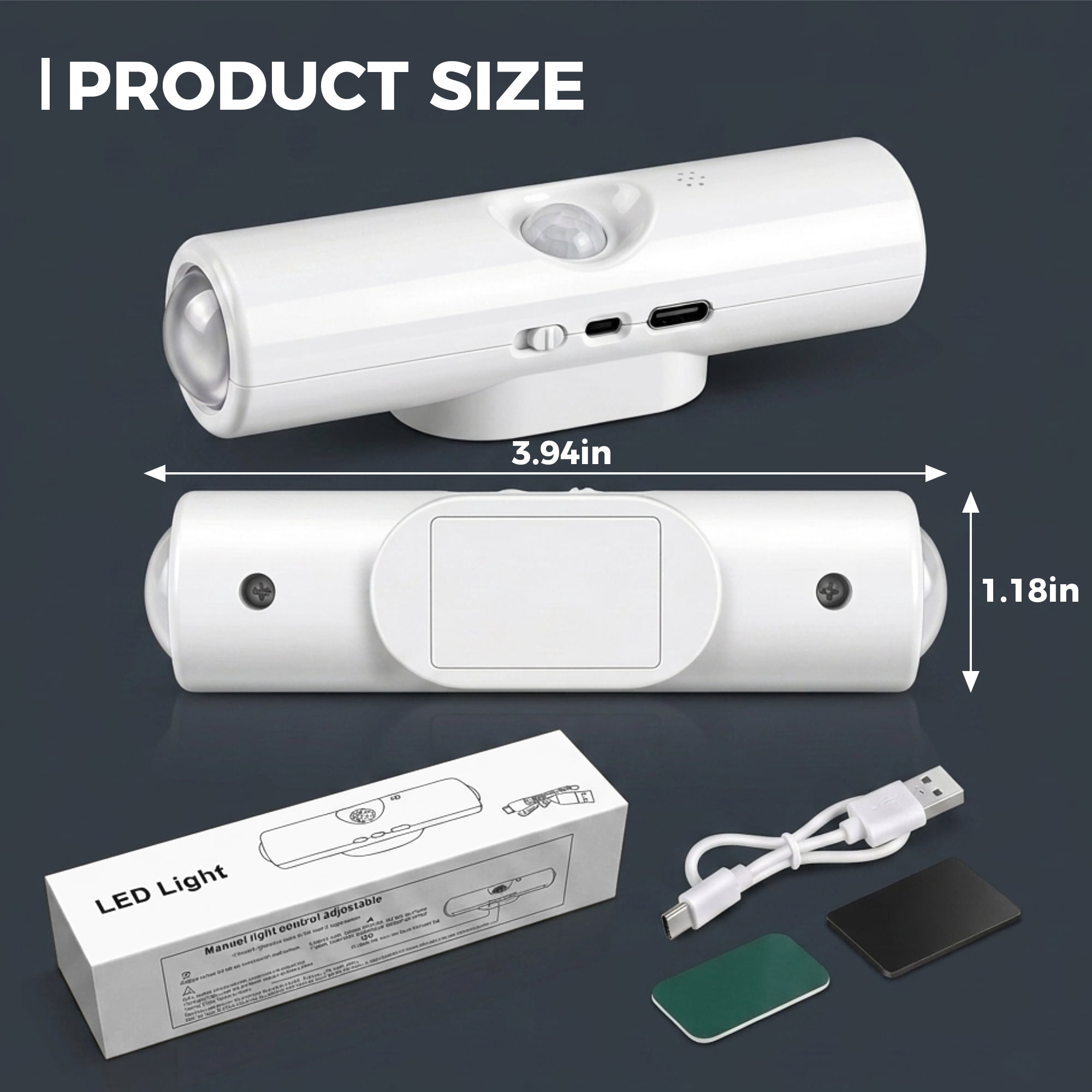 Ein weißes LED-Licht mit Bewegungssensor, USB-Anschluss, Kabel und Zubehör.