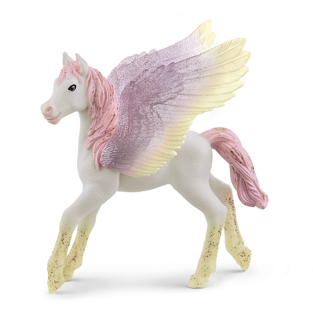 Un puledro Pegaso bianco con criniera e coda rosa, grandi ali, zampe scintillanti.