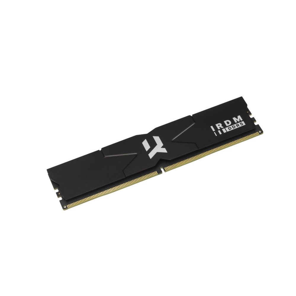 Czarny moduł RAM DDR5 z białym logo i napisem IRDM na białym tle.