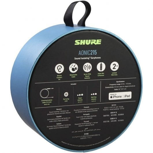 Blue round Shure AONIC215 earphones packaging with product information.