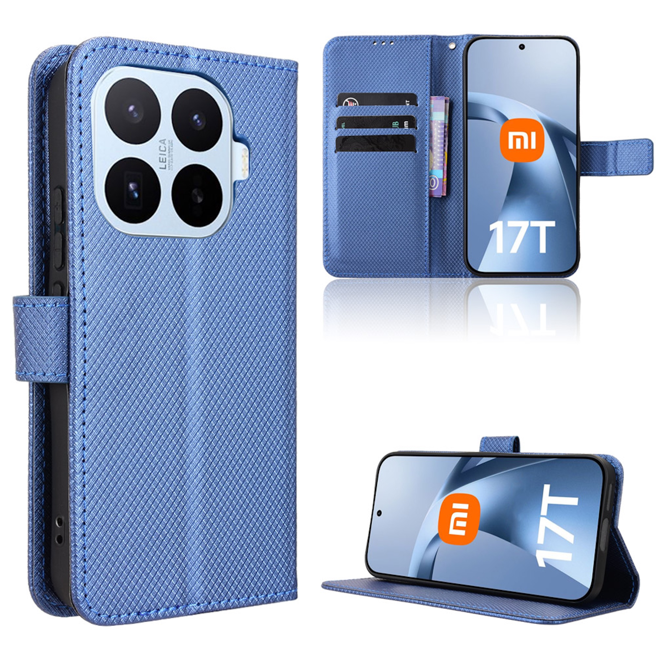Blaues Handyhülle mit Kamera und Kartenfächern. Zeigt ein Handy mit Xiaomi-Logo.