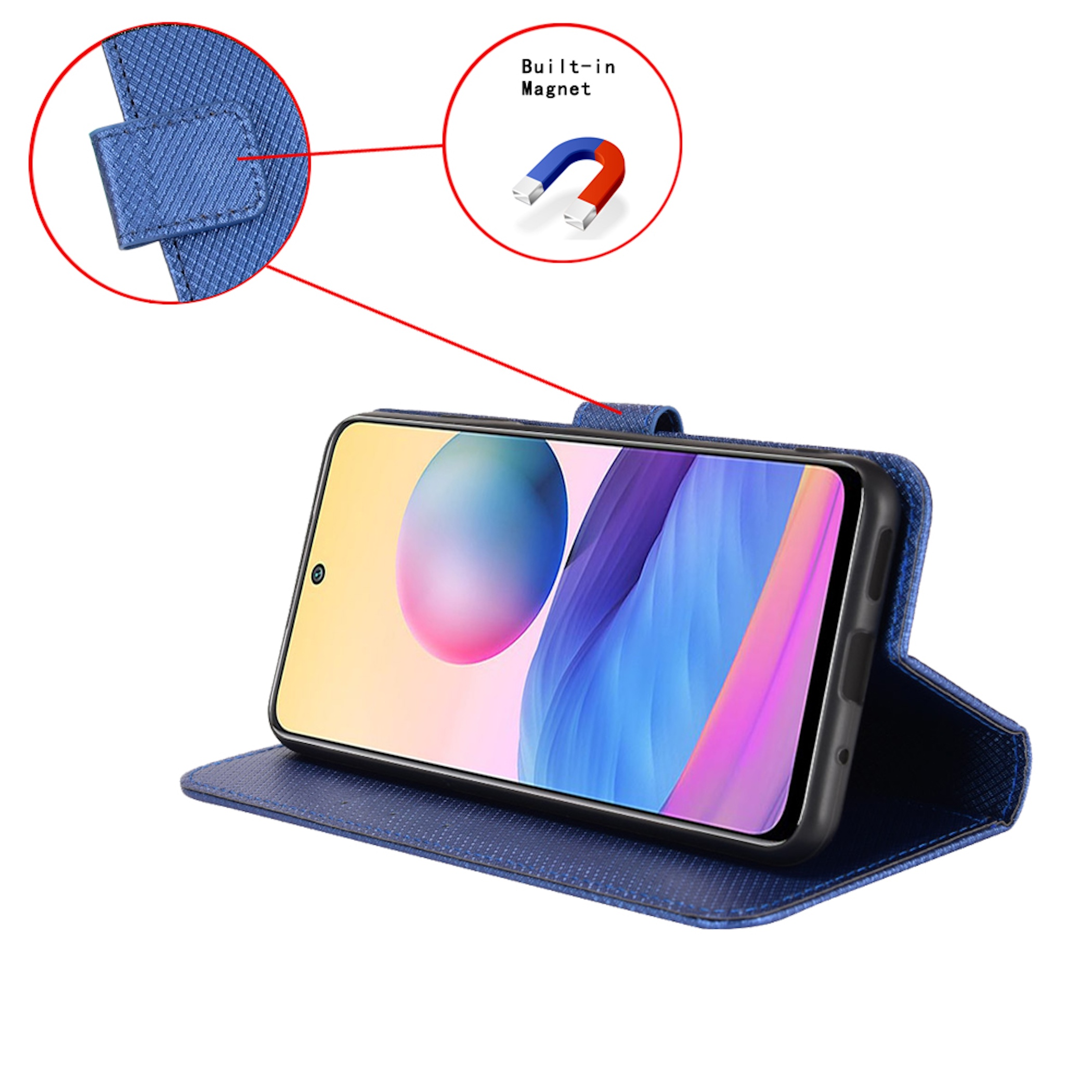 Blaues Handy-Etui mit integriertem Magnetverschluss, das ein Smartphone hält.