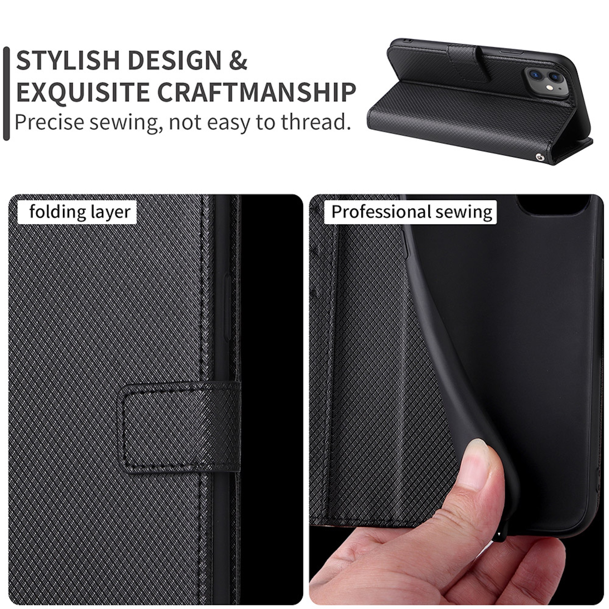 Schwarzes Handy-Flipcase mit Textur. Zeigt Faltung und professionelle Nähte.