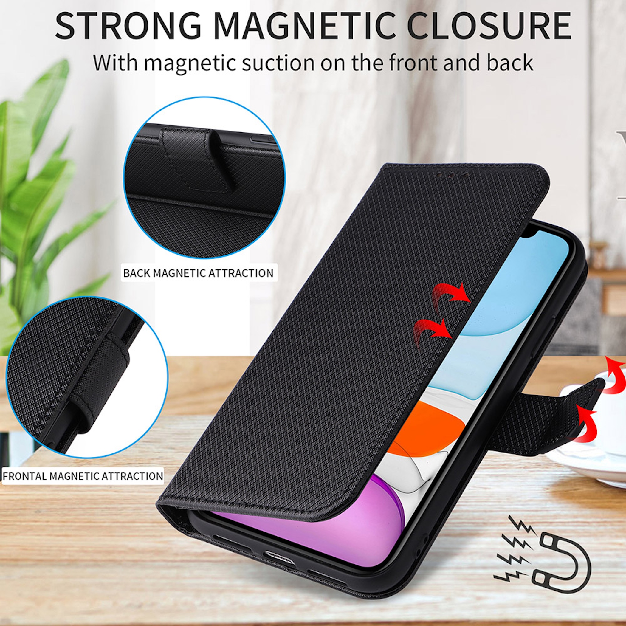 Schwarzes Handy-Flipcase mit Magnetverschluss, das einen Bildschirm zeigt.