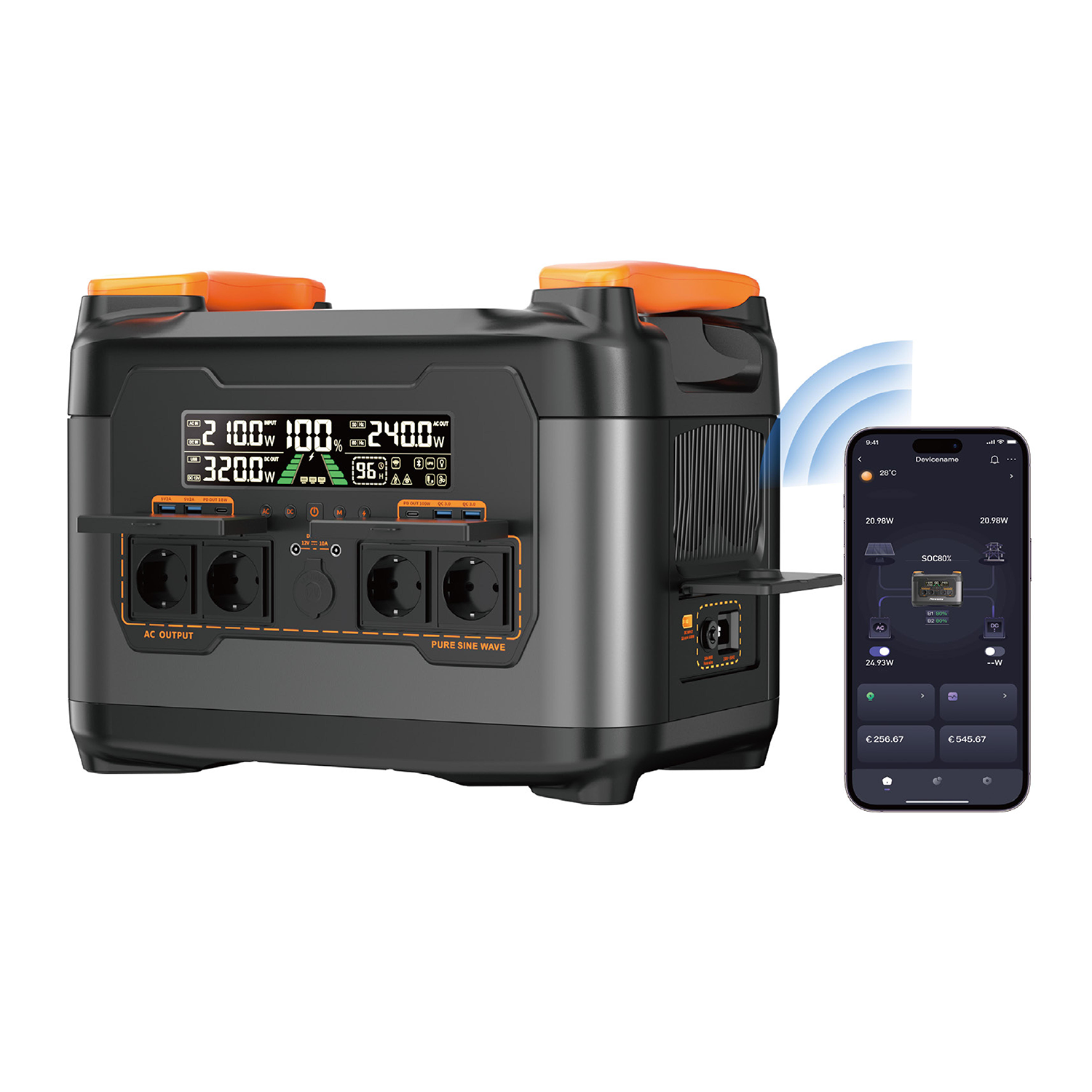 Una central eléctrica negra con asas naranjas y un smartphone que muestra datos del dispositivo.