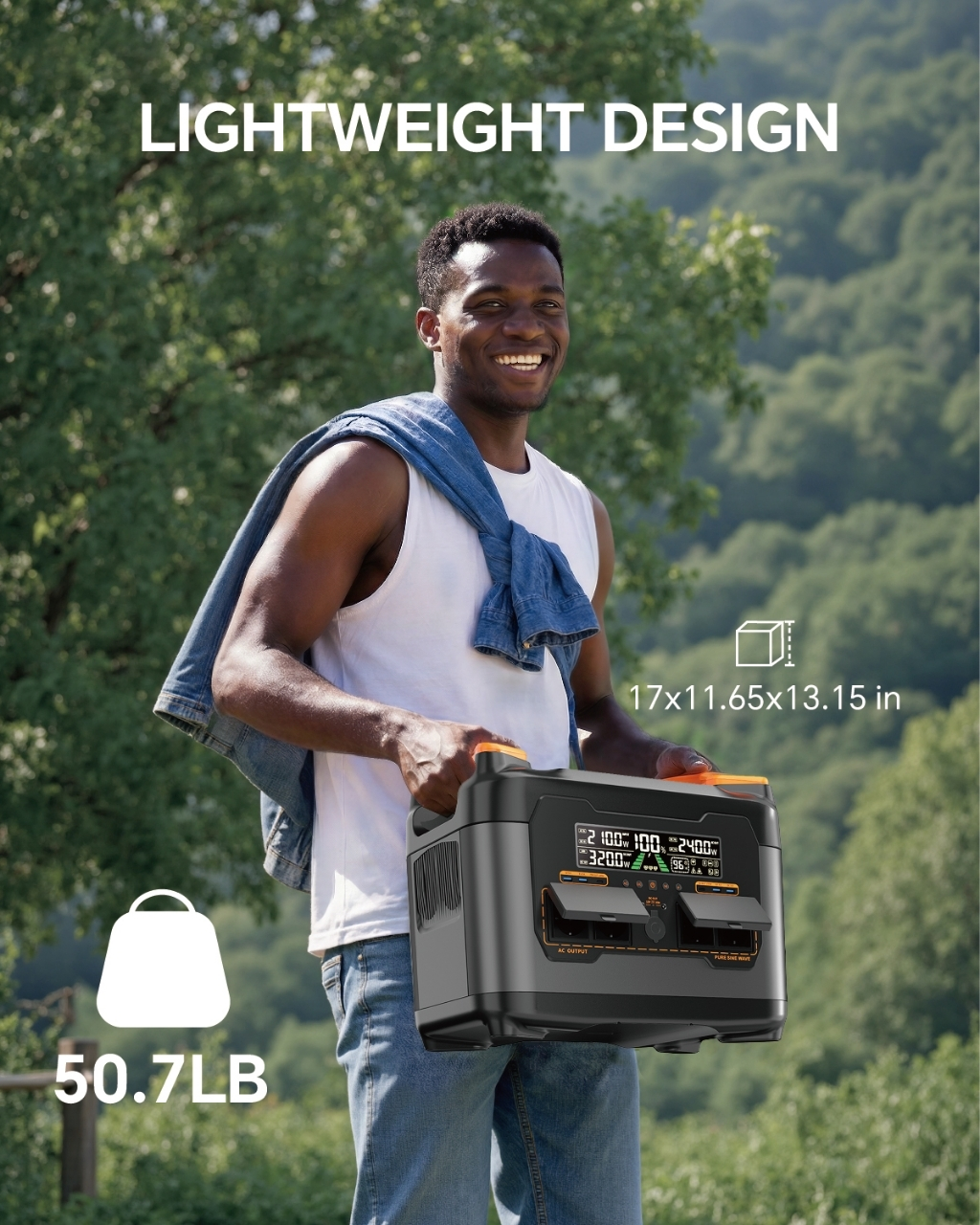 Hombre sosteniendo una estación de energía portátil al aire libre. Texto: Diseño ligero, 50,7 lb, 17x11,65x13,15 pulgadas.