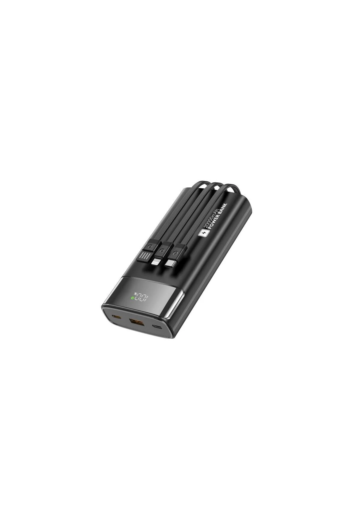 3 entegre kablolu ve %100 dijital ekranlı siyah powerbank.
