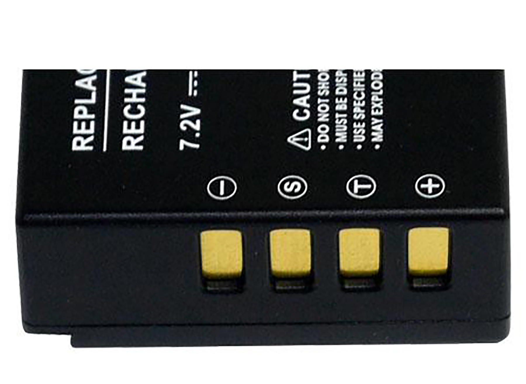 Schwarzer Akku mit 7,2V, Warnhinweisen und vier gelben Anschlüssen.