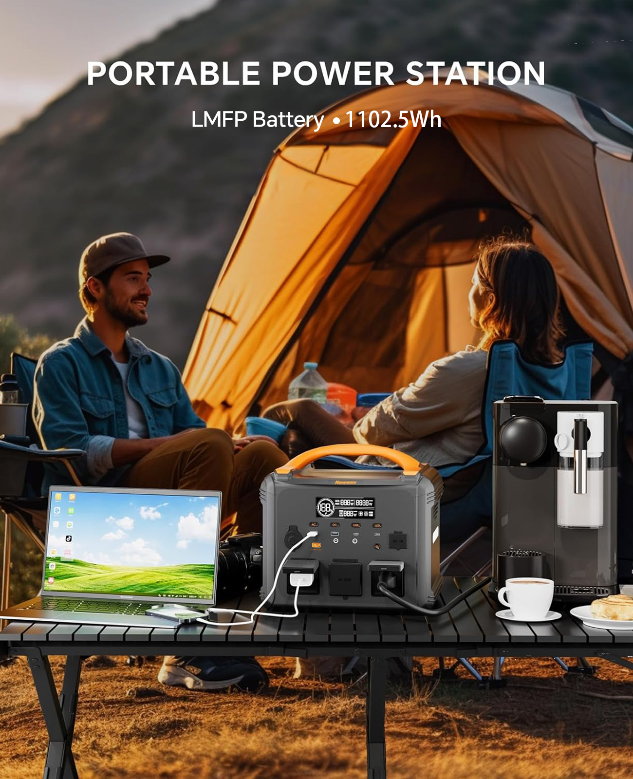 Dos personas acampando con estación de energía portátil, laptop, cafetera y comida.