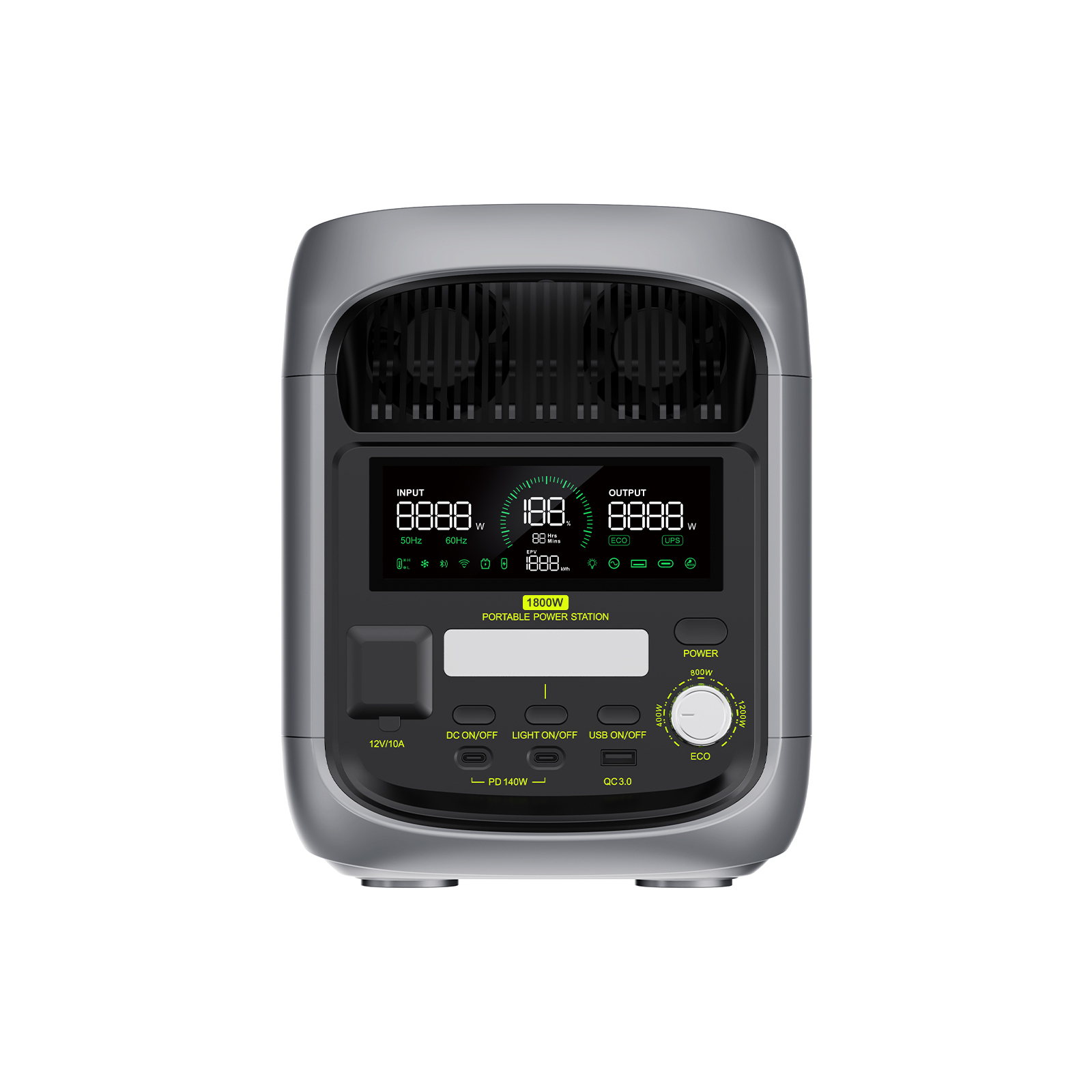 Estación de energía portátil gris de 1800W con pantalla digital y dial giratorio.