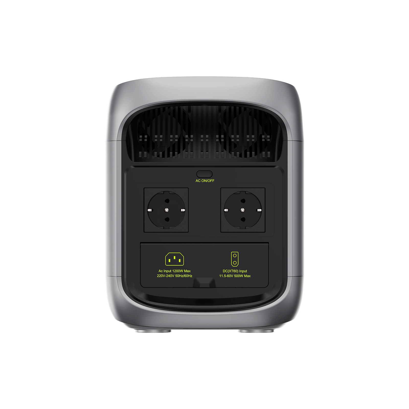 Parte trasera de un dispositivo gris con ventiladores, enchufes y entradas.