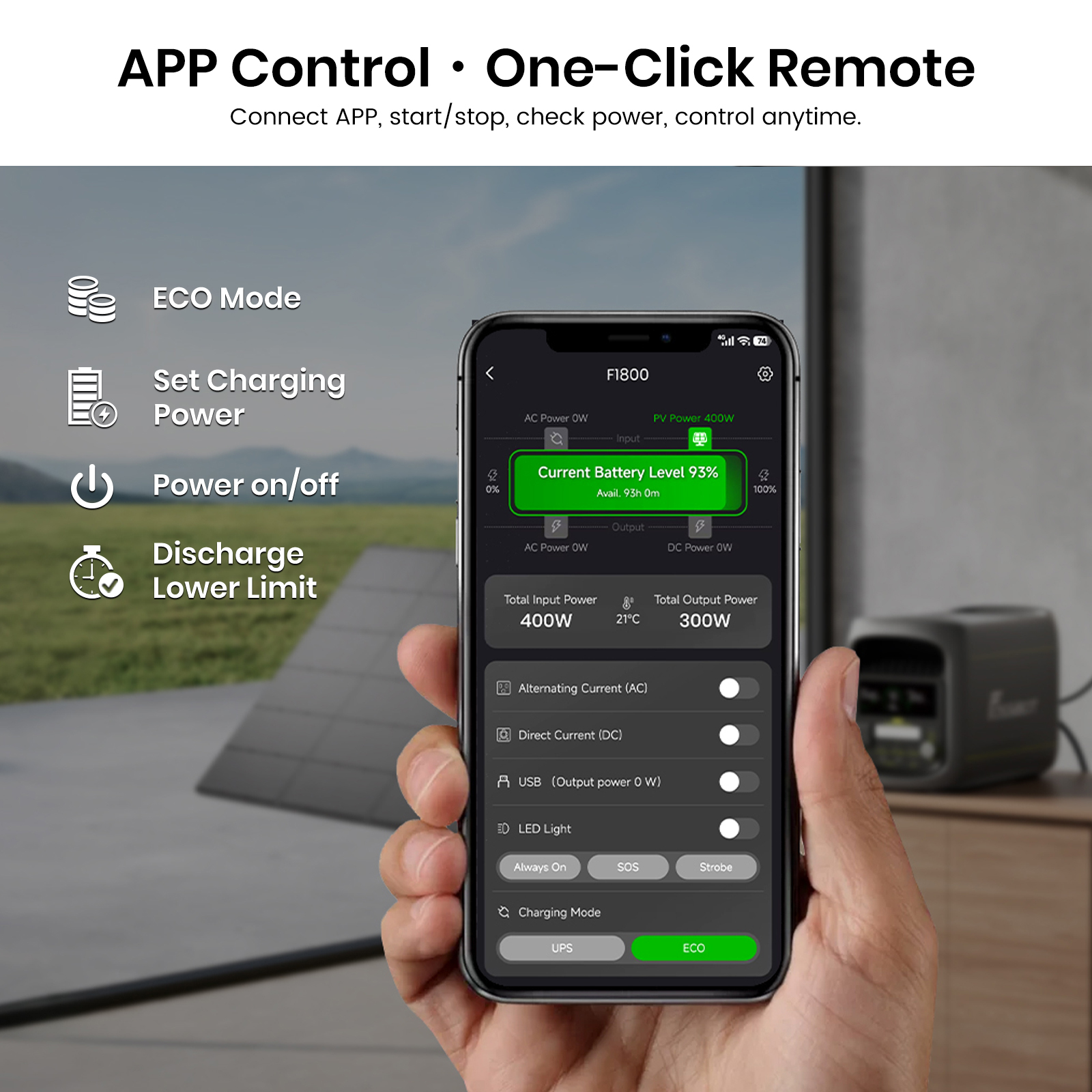 Mano sostiene smartphone con app. Fondo: paneles solares y estación de energía.