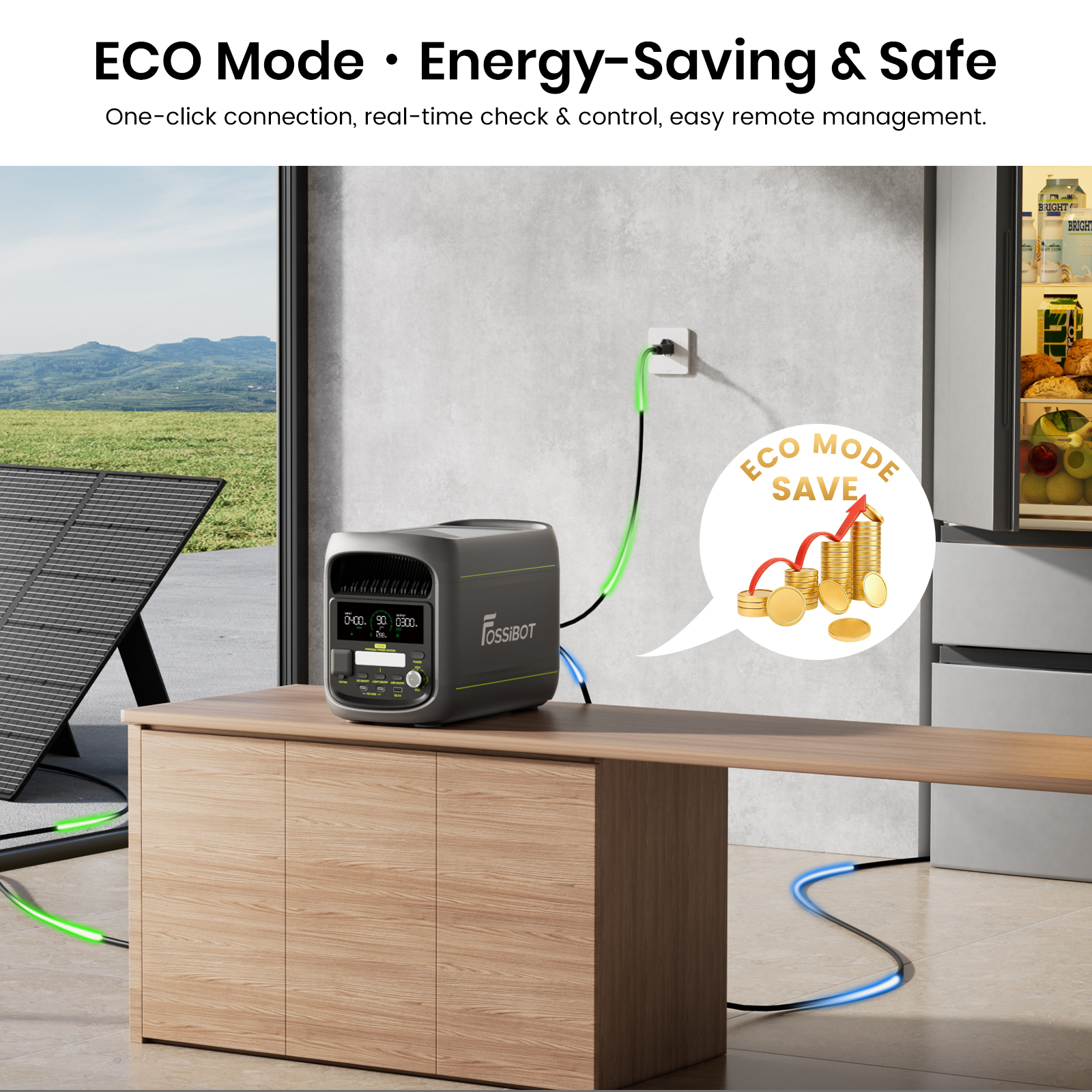 Un dispositivo FOSSIBOT con panel solar conectado a un refrigerador. Icono de modo ECO.