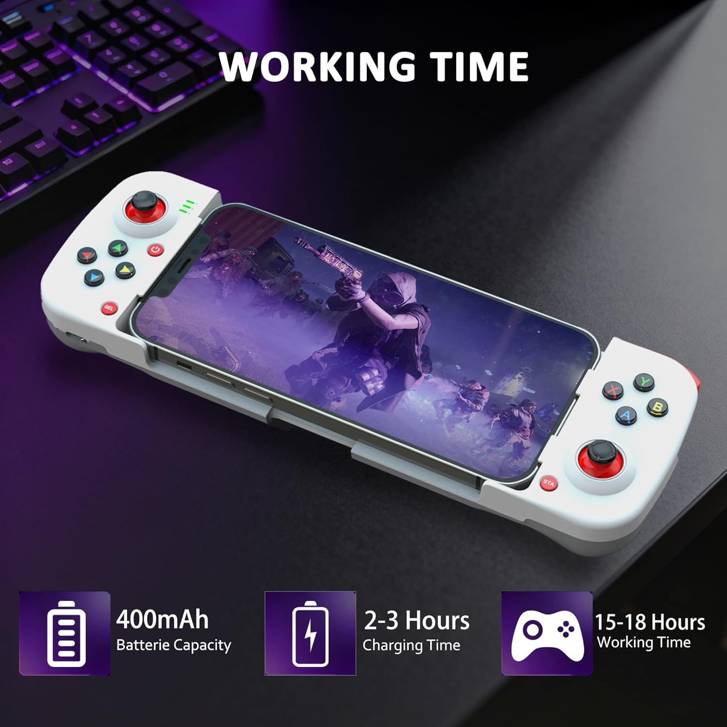 Ein weißer Handheld-Gaming-Controller mit einem Handy. Spezifikationen unten.