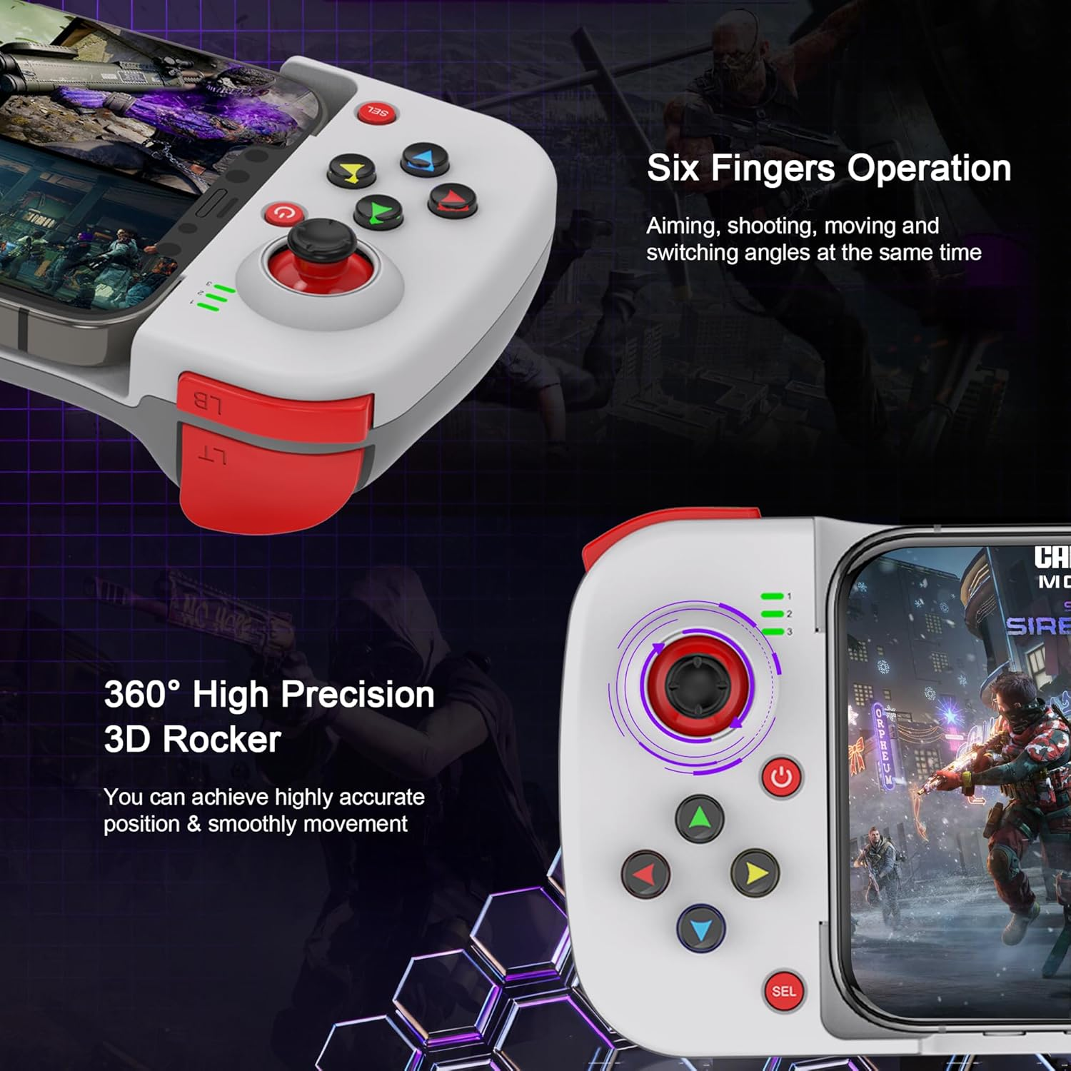 Ein weißer Gamecontroller mit einem Handy, das ein Spiel zeigt.
