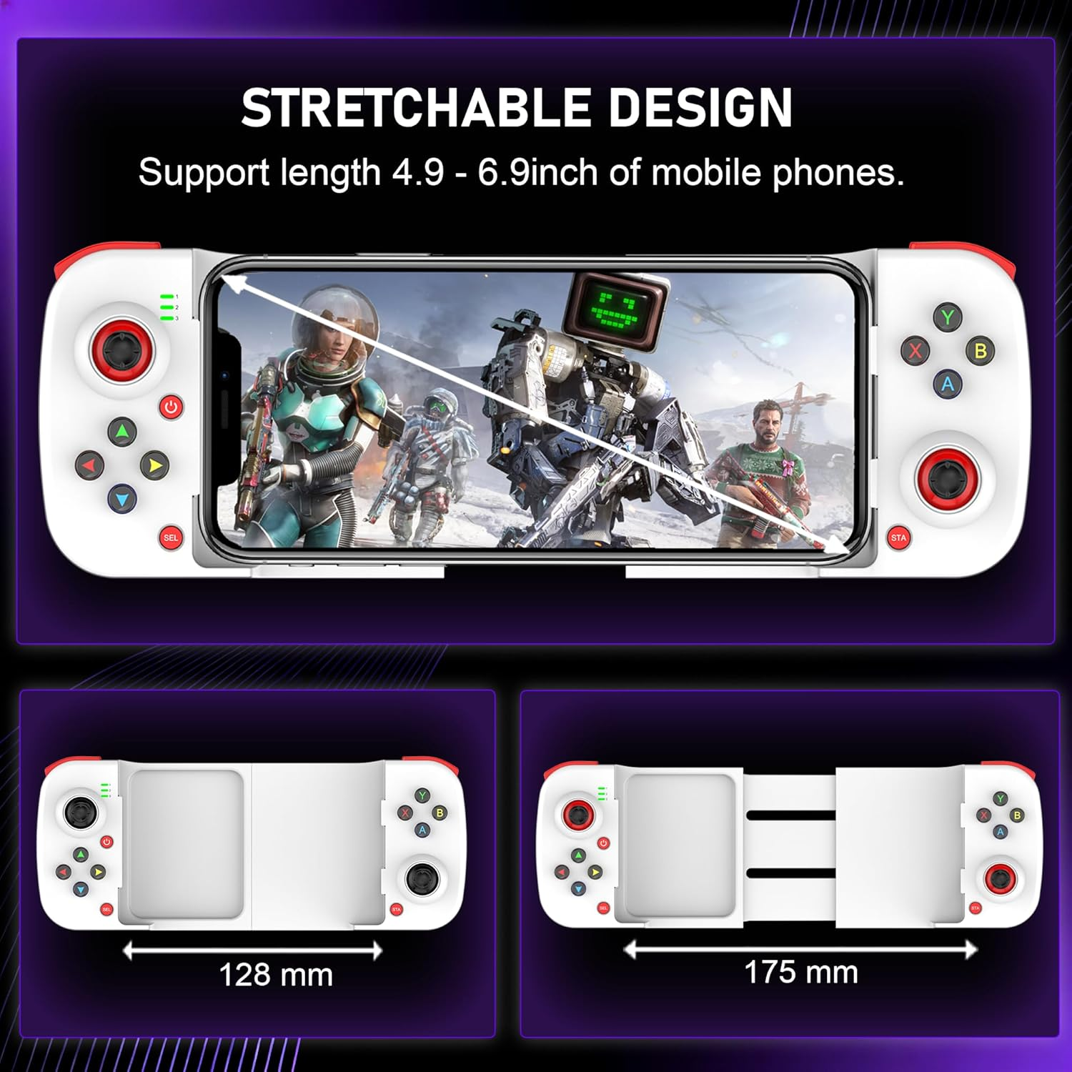 Ein Smartphone-Controller mit Spielszene, Maßen 128 mm und 175 mm.
