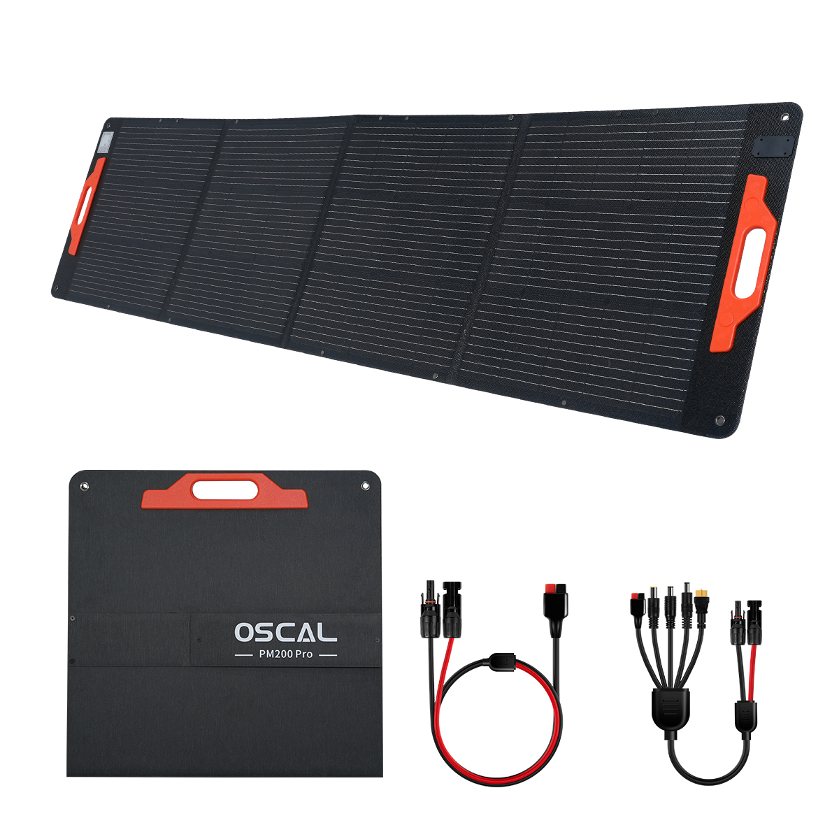Panel solar plegable negro con asas naranjas y cables accesorios.