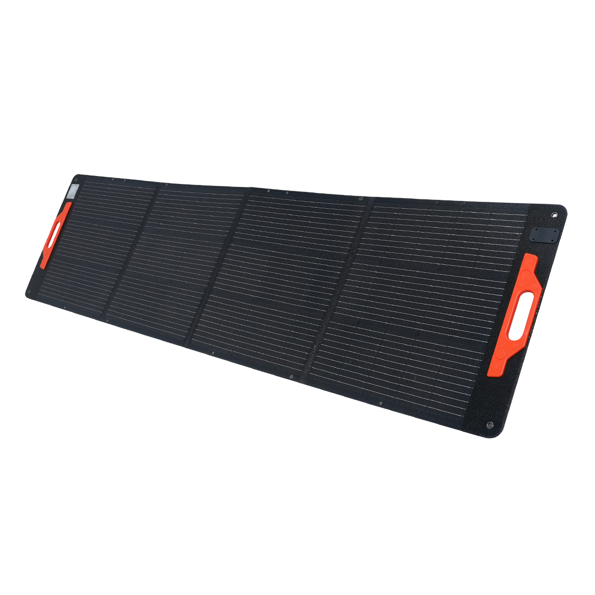 Panel solar plegable negro con asas naranjas y líneas blancas.