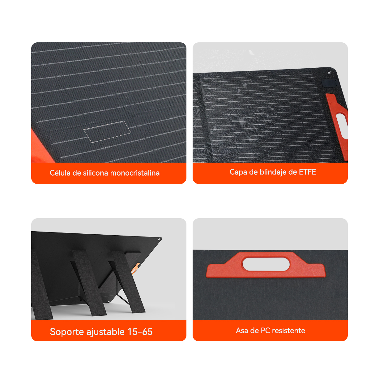 Cuatro imágenes muestran detalles del panel solar: celda, capa ETFE, soporte y asa.