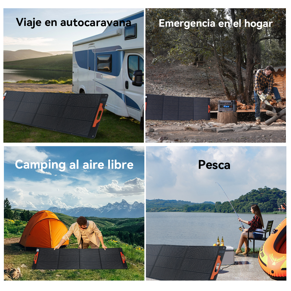 Cuatro escenas: autocaravana junto al lago, hombre con sierra, tienda de campaña.