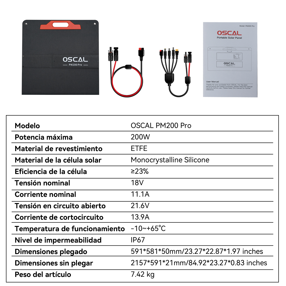 Panel solar OSCAL PM200 Pro, cables y manual con especificaciones.