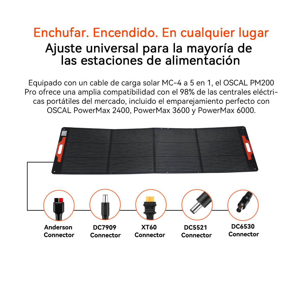 Panel solar negro con varios conectores: Anderson, DC7909, XT60, DC5521, DC6530.