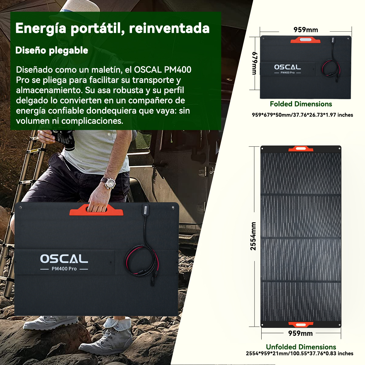 Panel solar plegable OSCAL PM400 Pro negro con cables rojos, en uso.
